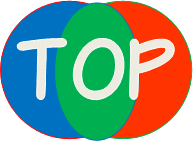 ページトップに戻るアイコンです。向かって左から青、緑、オレンジの半円が順に重なり、その上に左からTOPの文字が白色で記載されています。